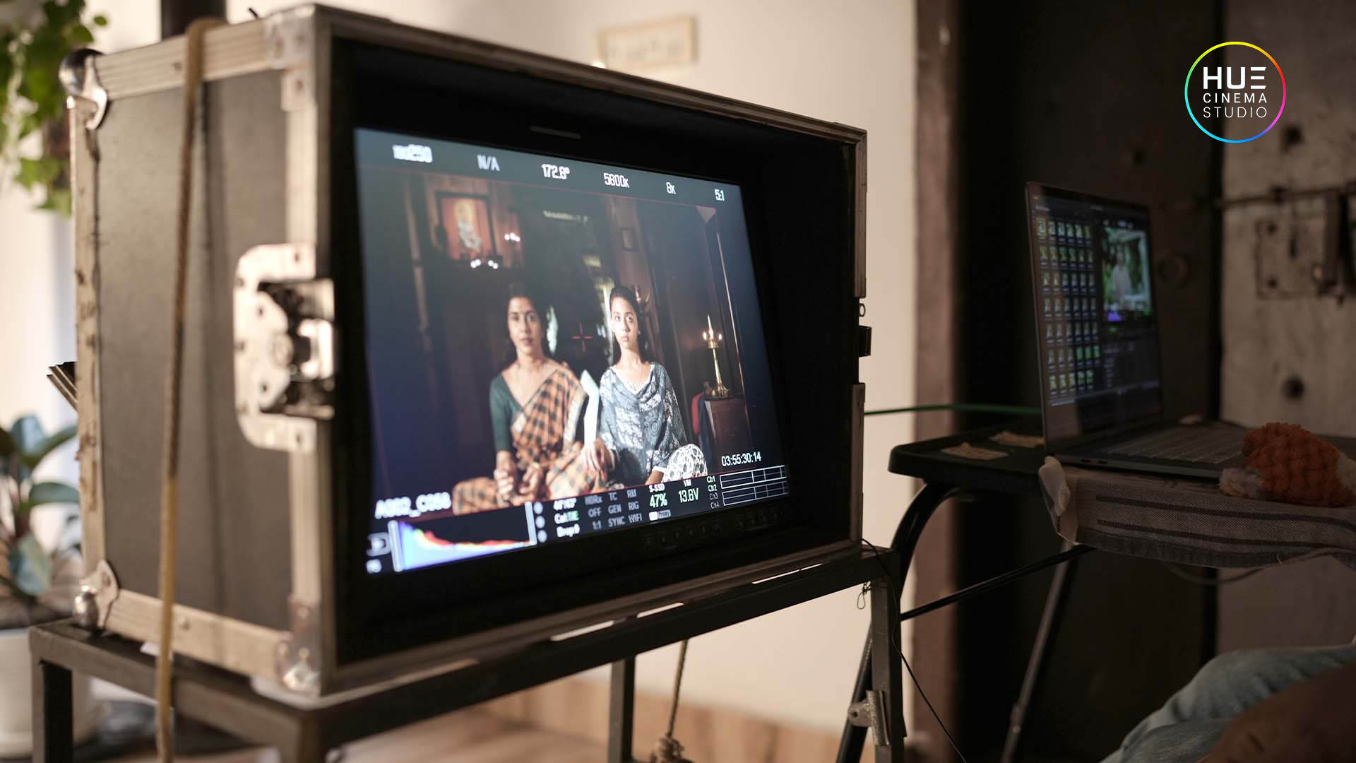 Actresses Letha Das and Diya Deepan with director Haran Reddi on set during Hue Cinema Studio ad film shoot behind the scenes.